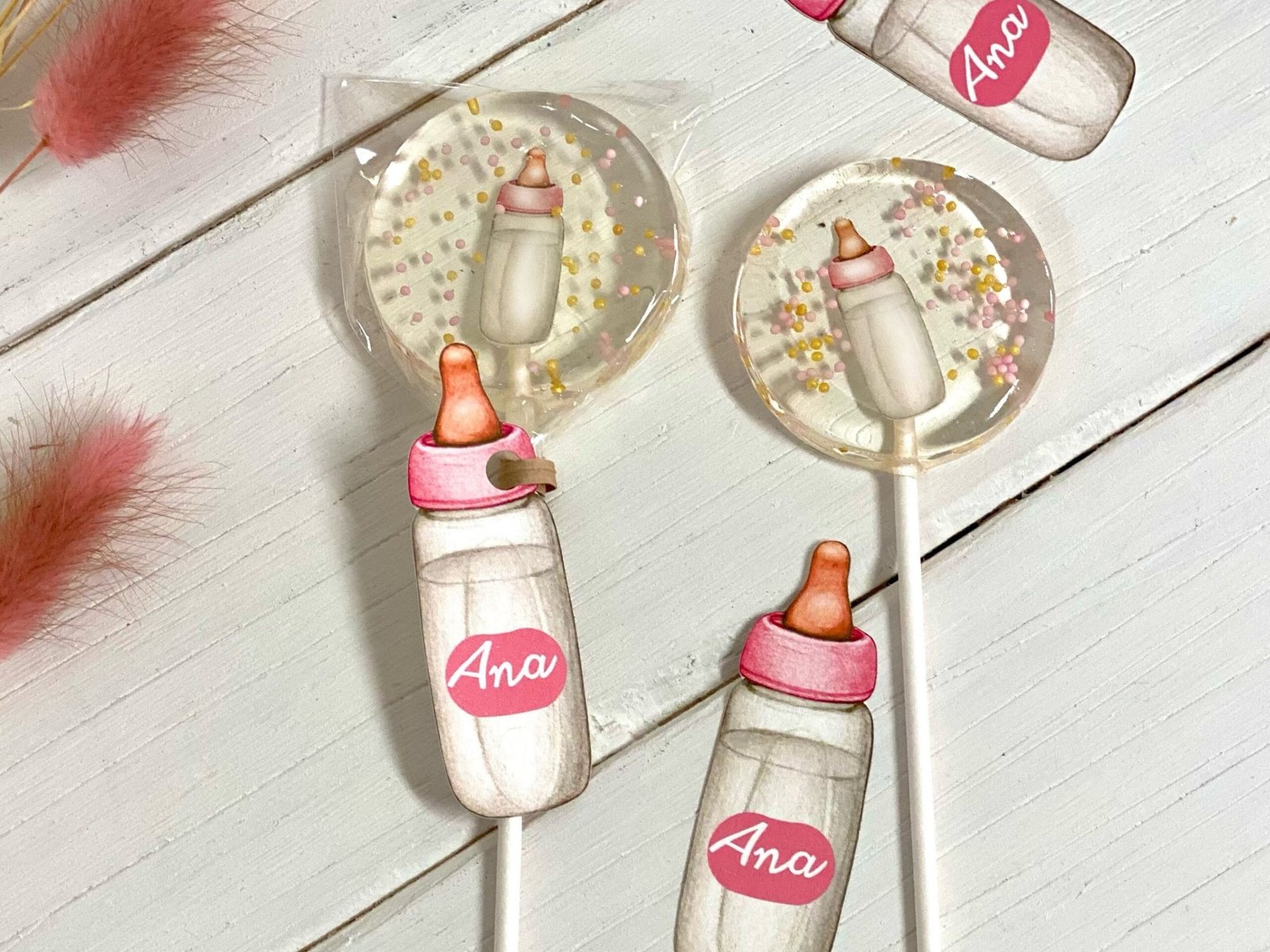 Piruletas personalizadas baby shower biberón rosa