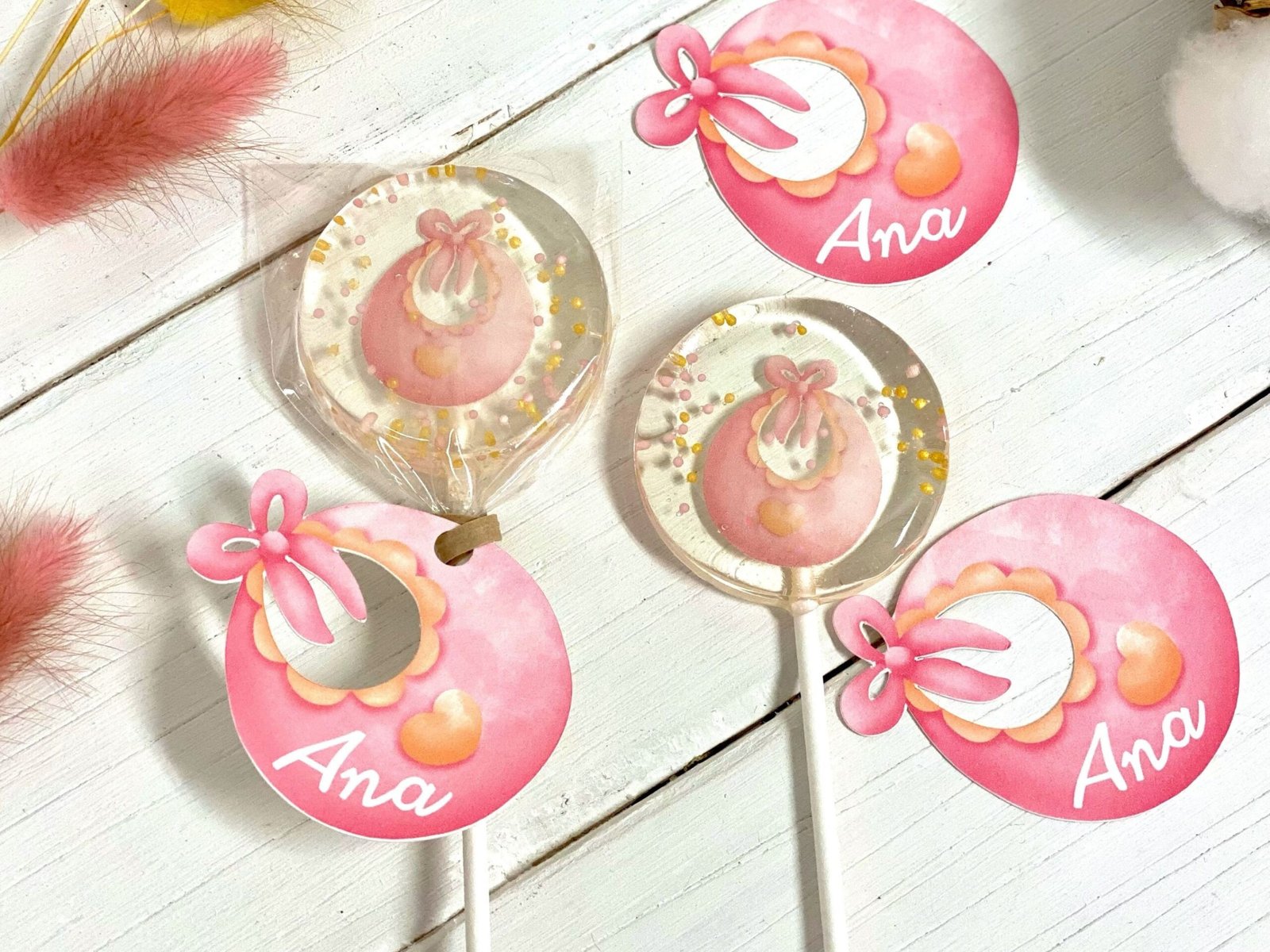 Piruleras personalizadas baby shower babero rosa