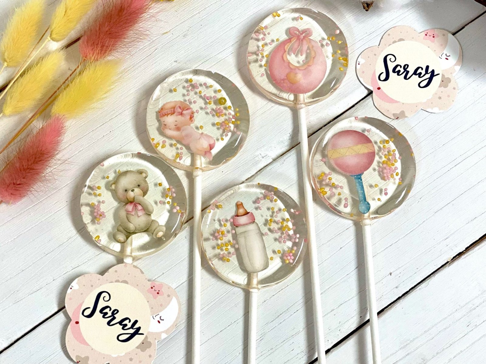 Piruletas personalizadas baby shower mix rosa