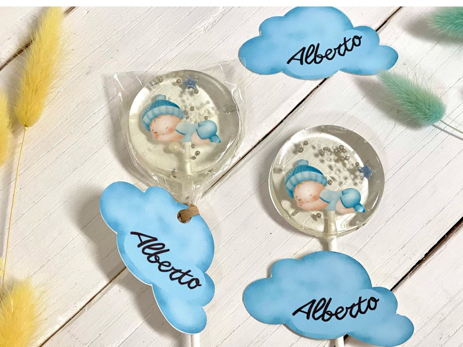 Piruletas personalizadas baby shower bebé azul