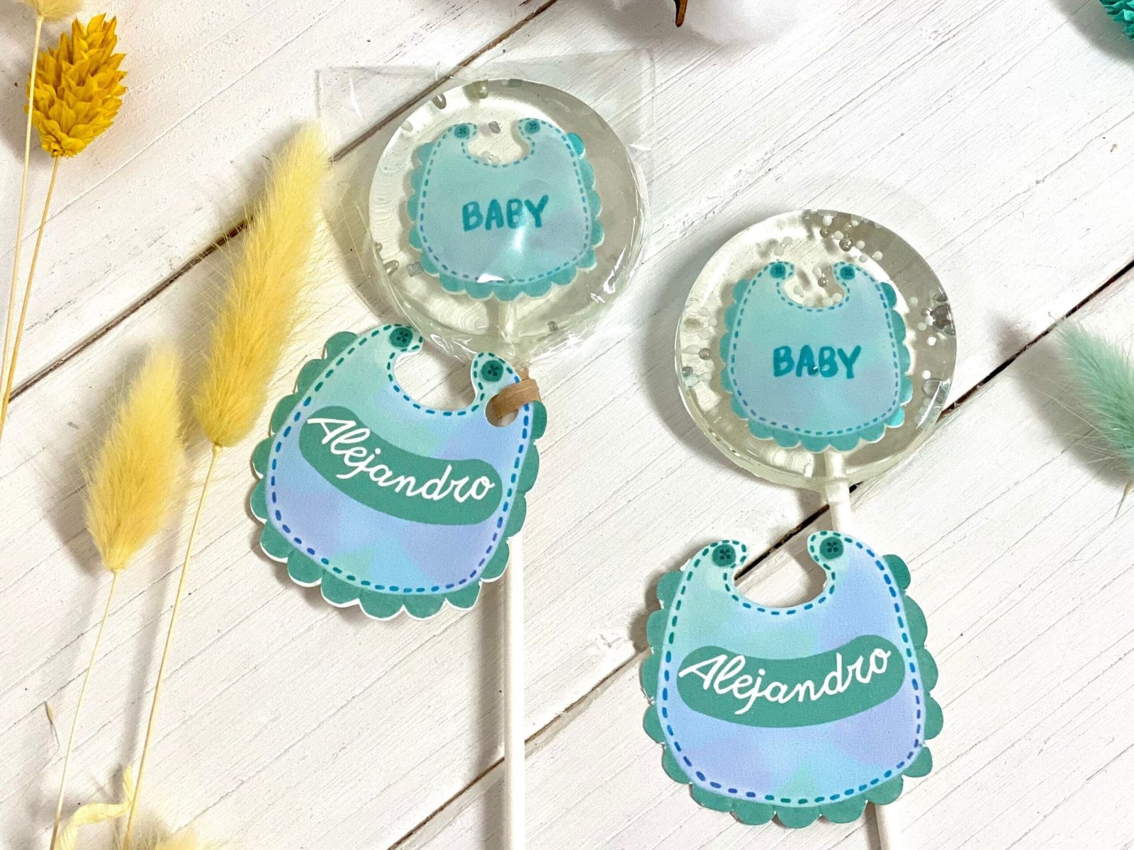 Piruletas personalizadas baby shower babero azul