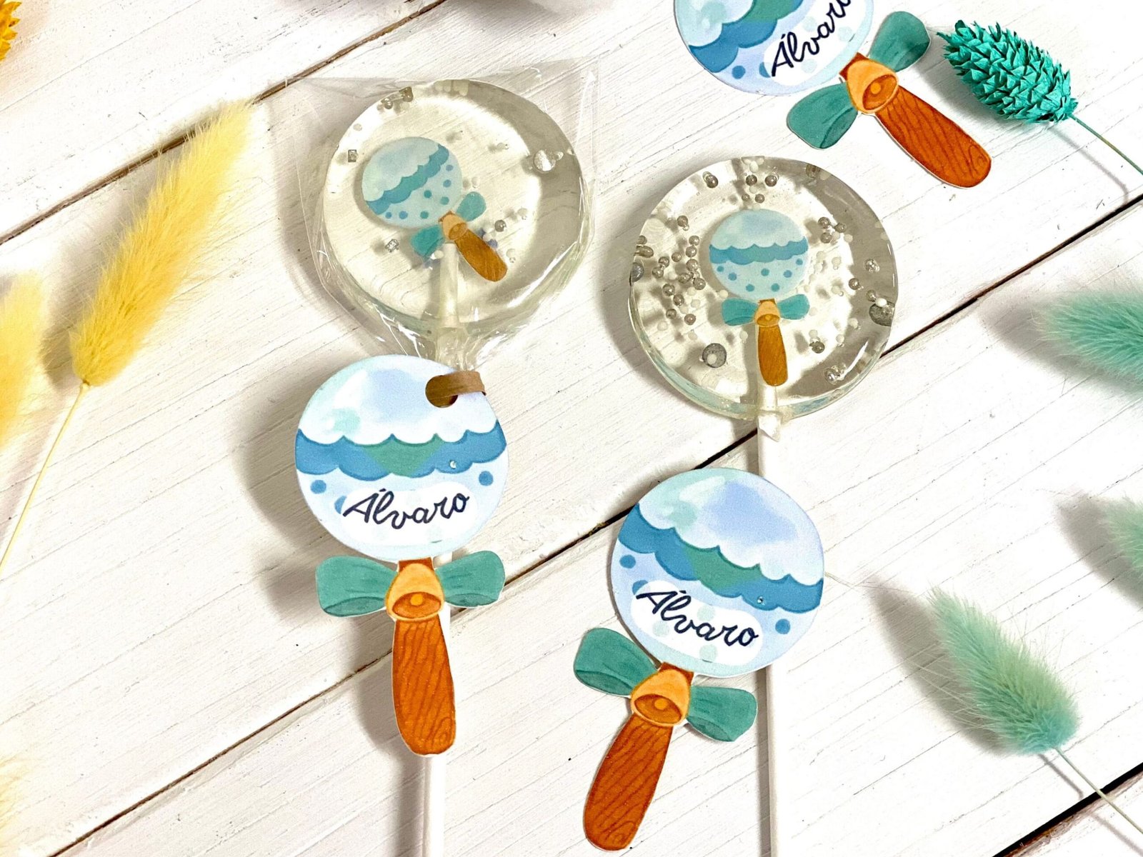 Piruletas personalizadas baby shower sonajero azul