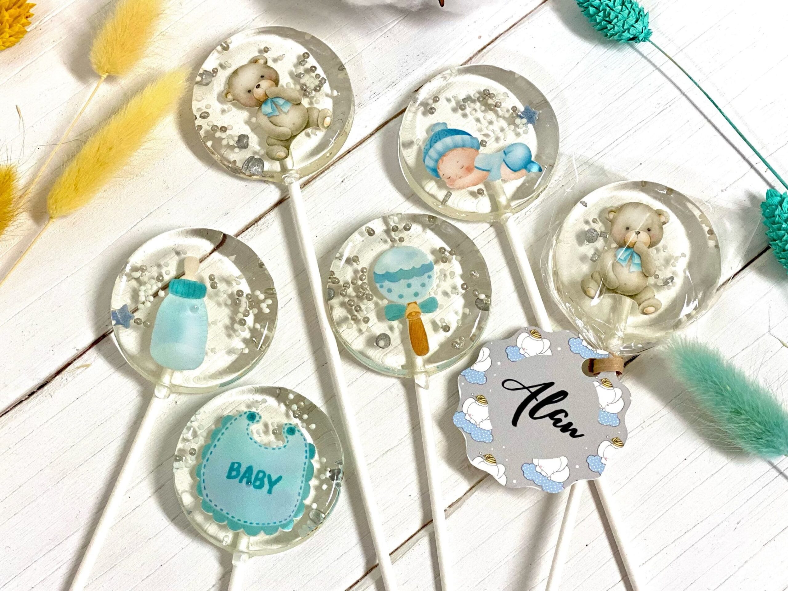 Personalized baby shower lollipops mix blue