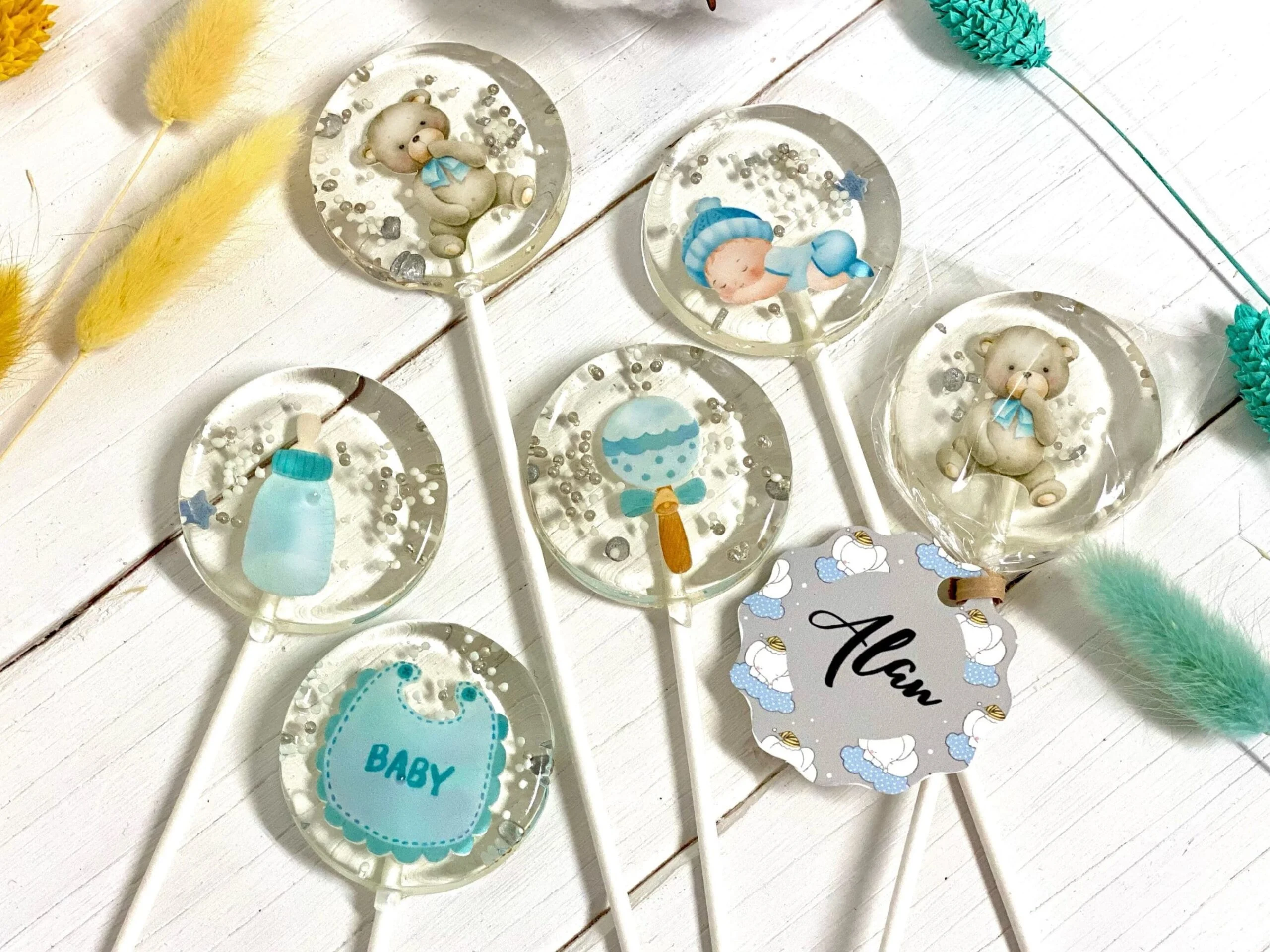 Personalized baby shower lollipops mix blue