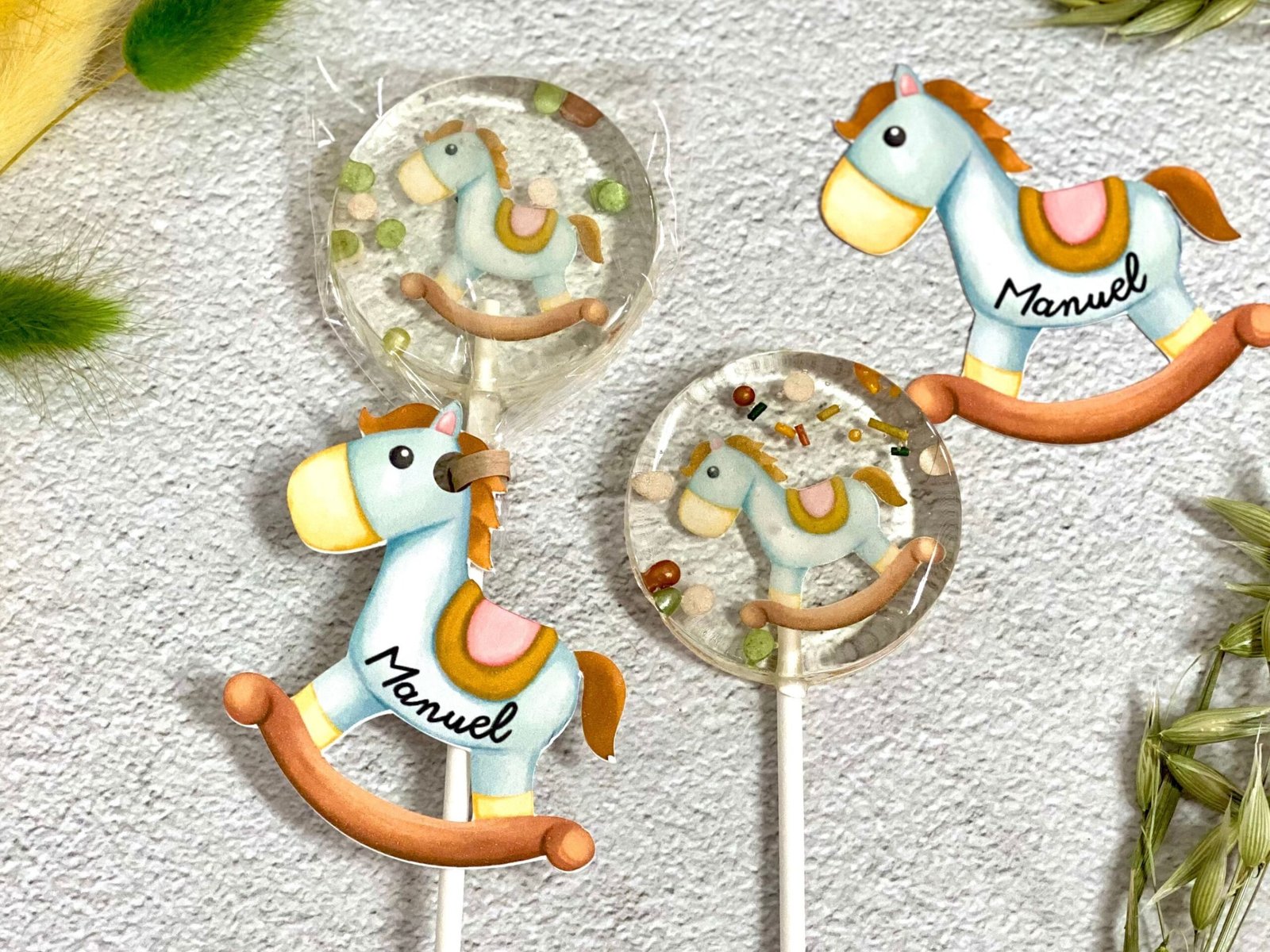 Piruletas personalizadas baby shower caballito de juguete