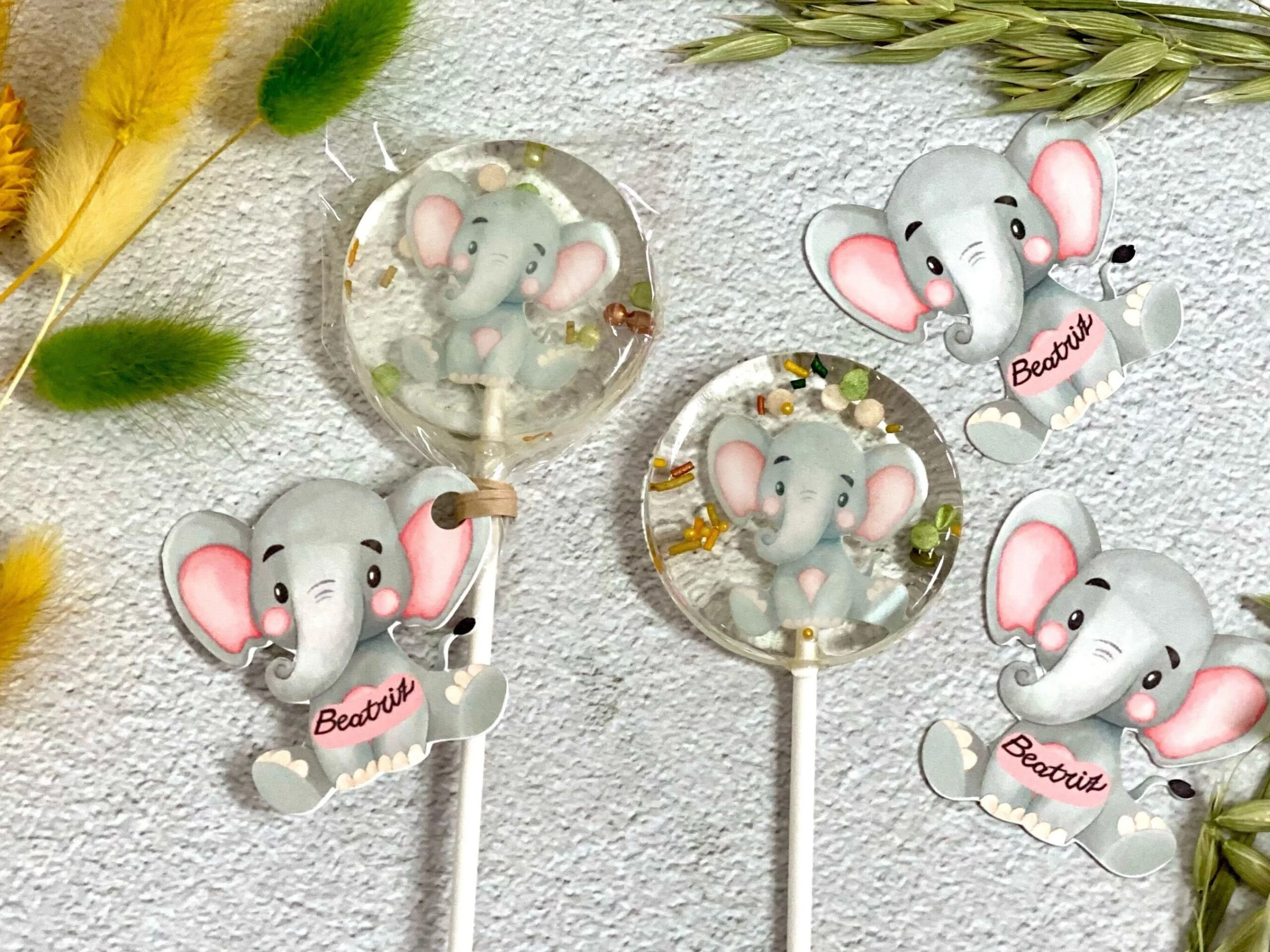 Personalisierte Elefanten-Lutscher für die Babyparty