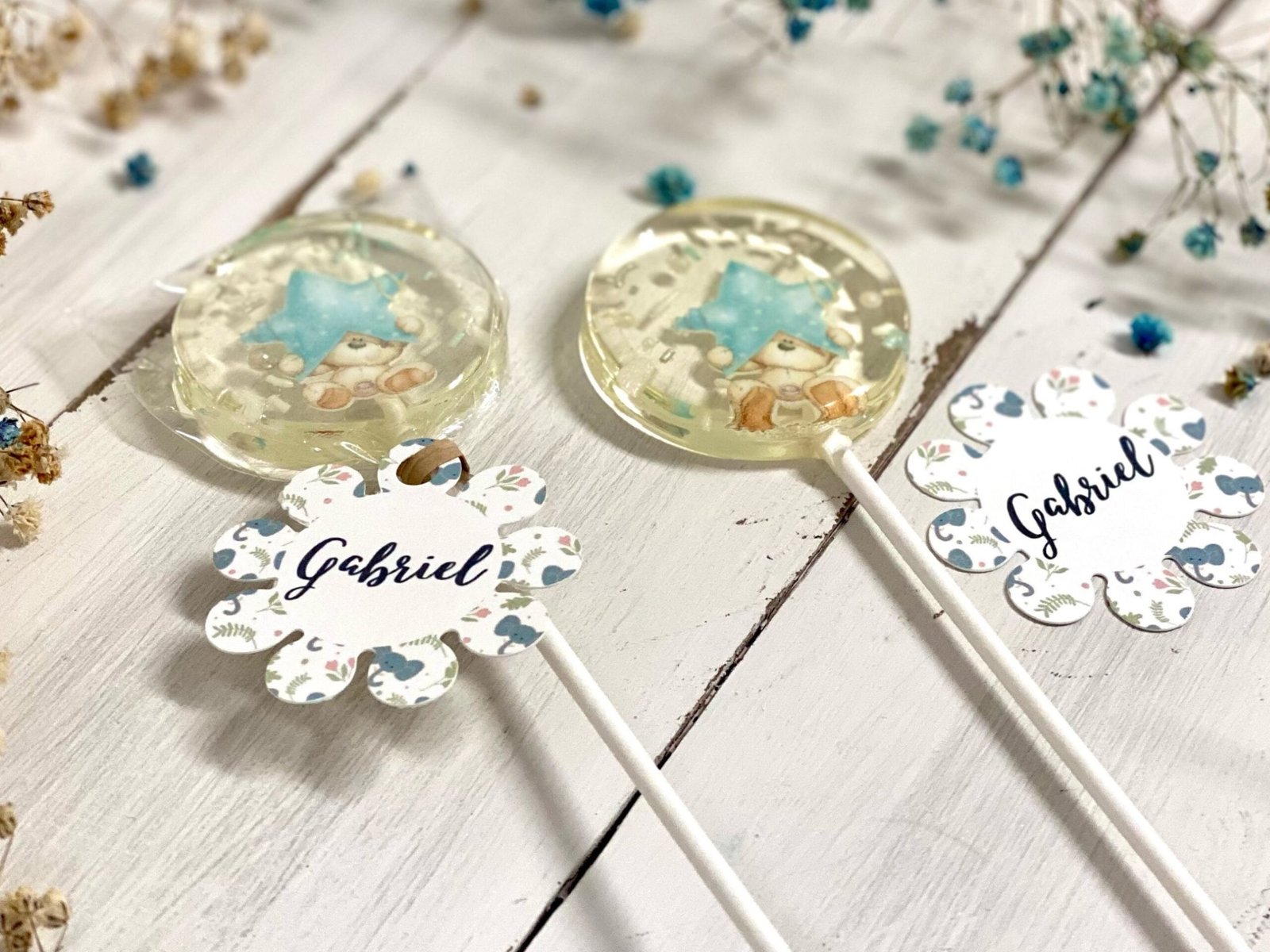 Piruletas personalizadas baby shower osito con estrella azul - Imagen 2