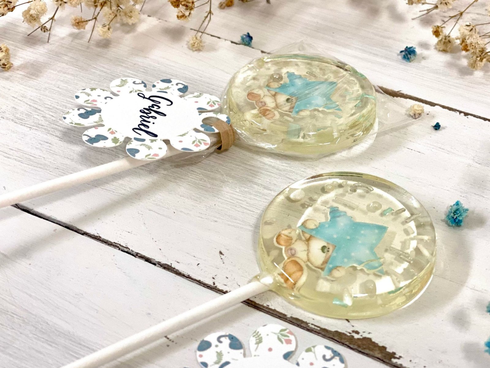 Piruletas personalizadas baby shower osito con estrella azul - Imagen 3