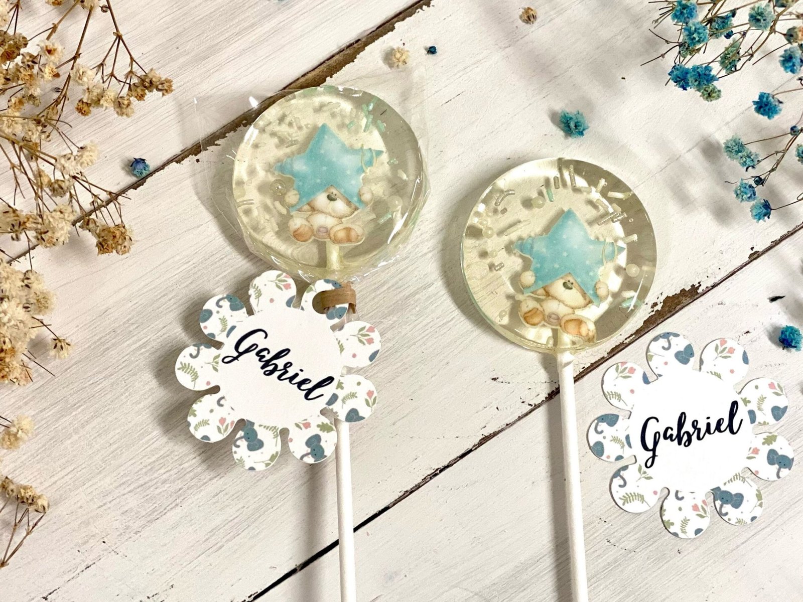 Piruletas personalizadas baby shower osito con estrella azul