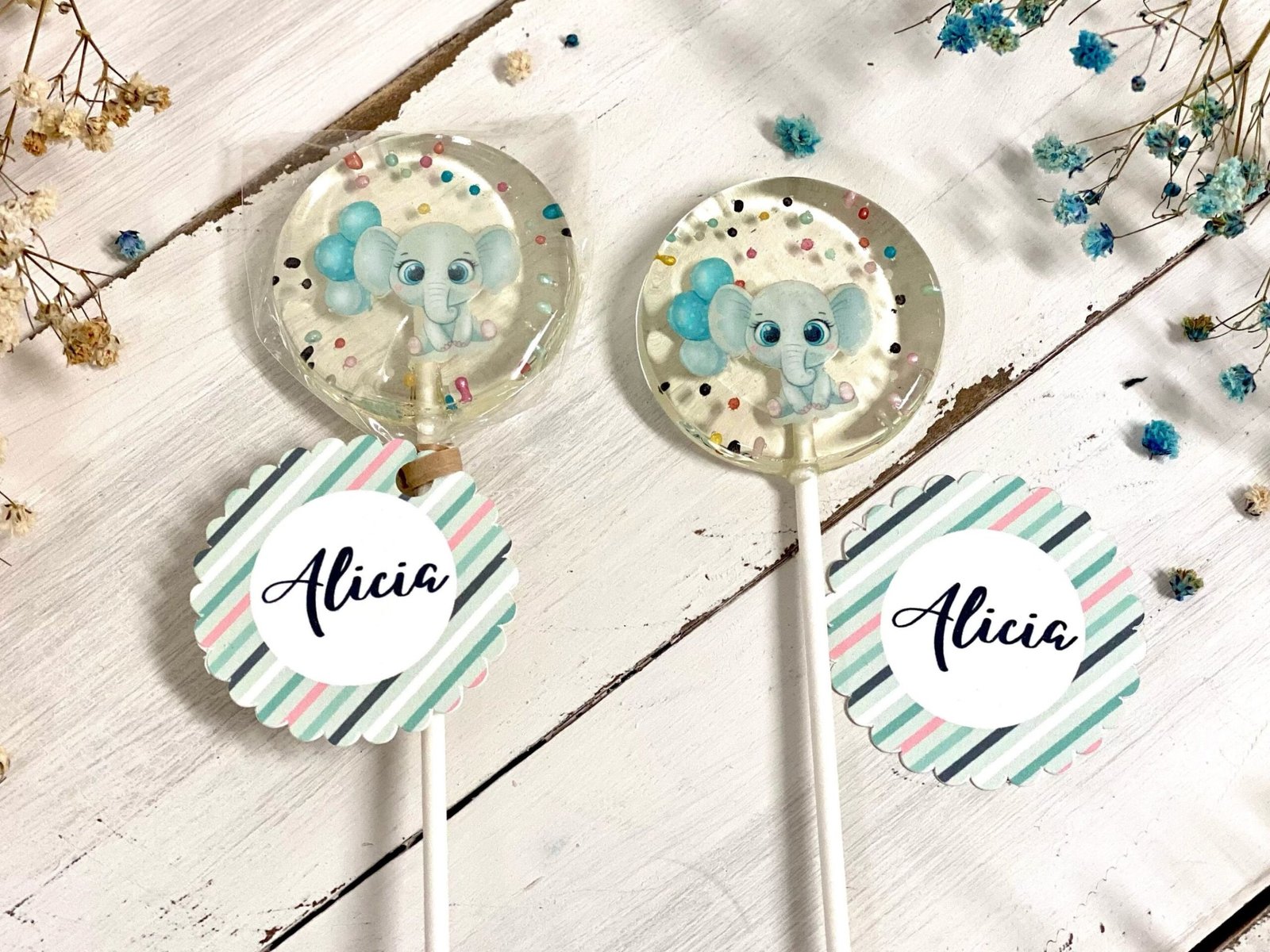 Piruletas personalizadas baby shower elefante azul