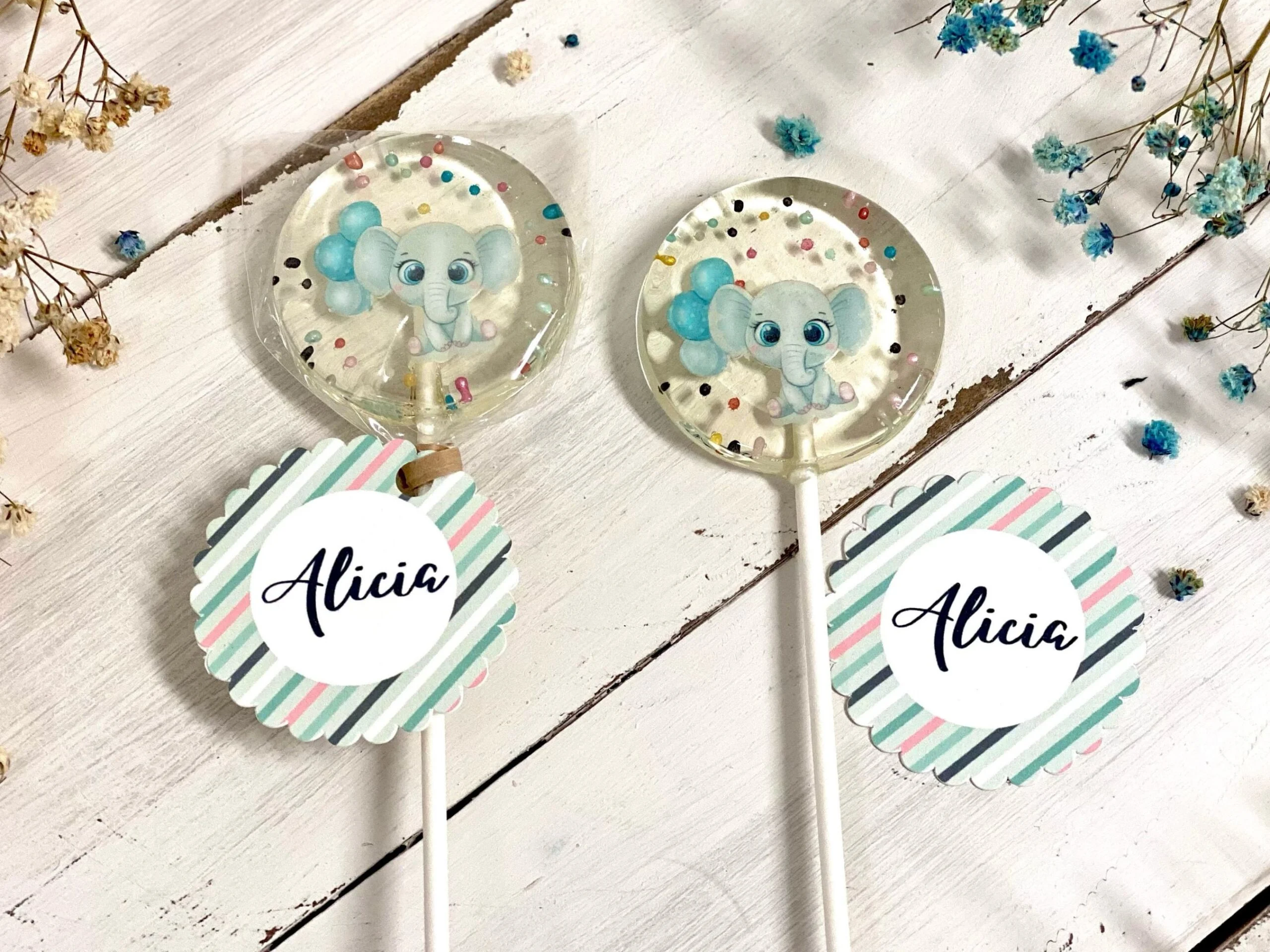 Sucettes personnalisées pour baby shower éléphant bleu