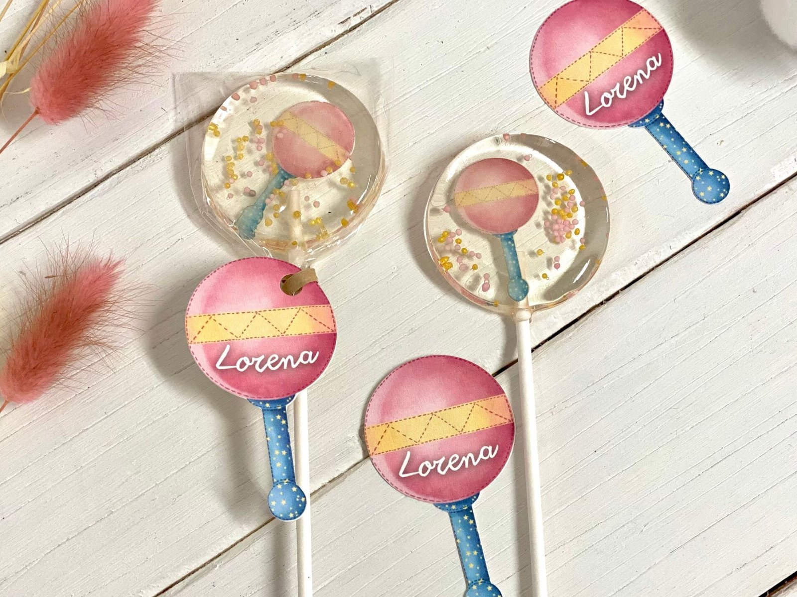 Piruletas personalizadas baby shower sonajero rosa