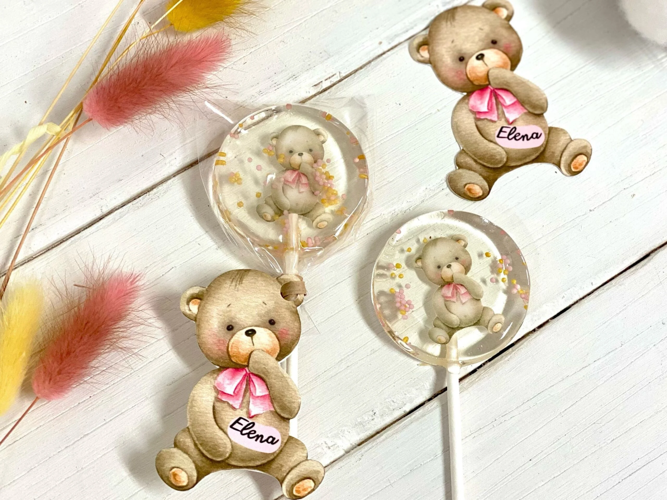 Sucettes personnalisées ours roses pour baby shower