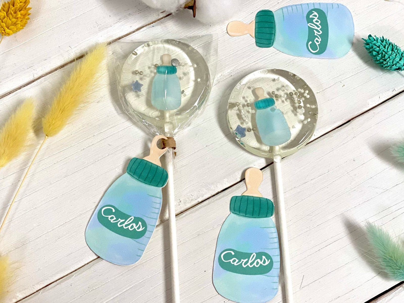 Piruletas personalizadas baby shower biberón azul