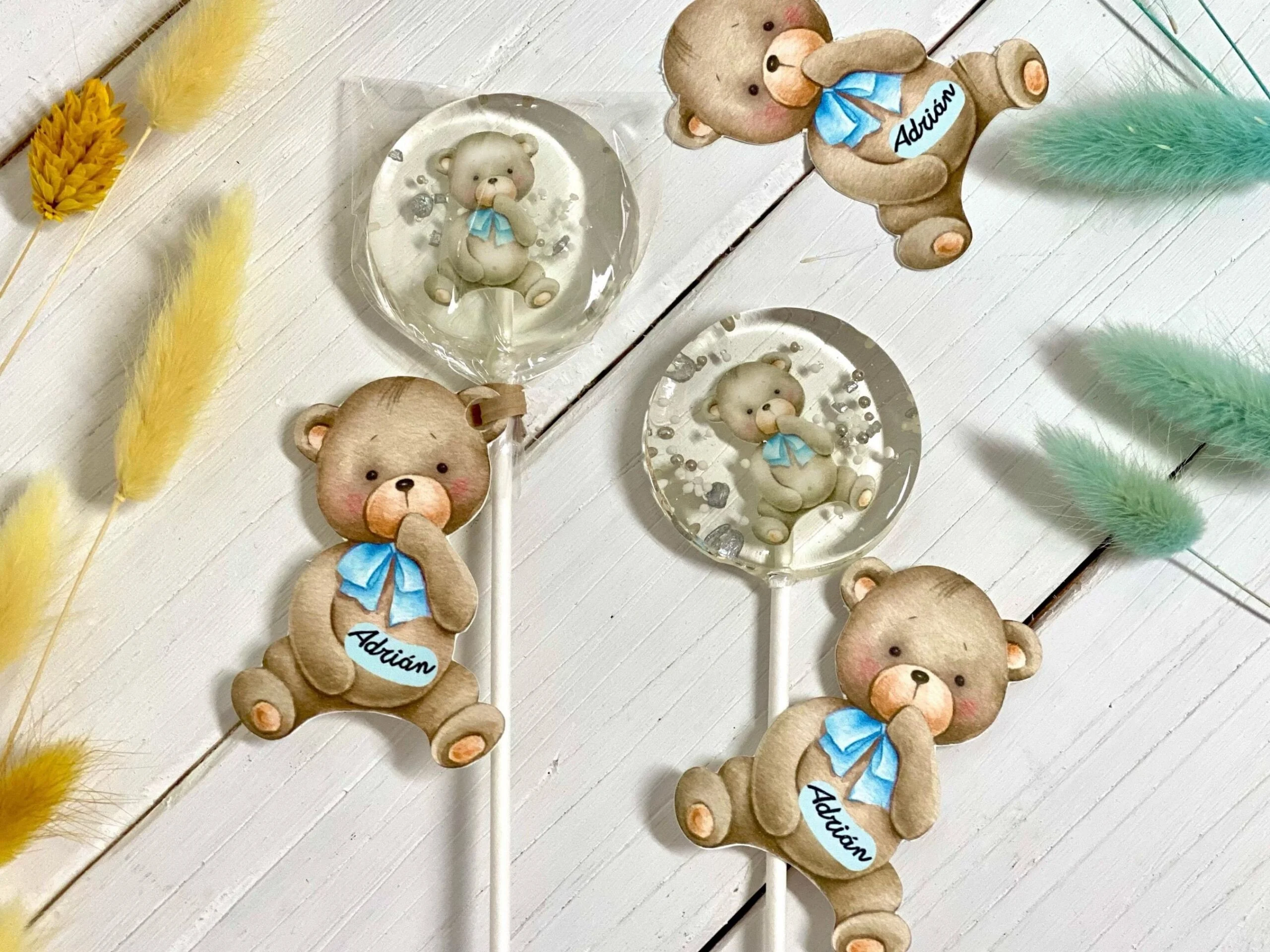 Personalized baby shower lollipops, blue teddy bear