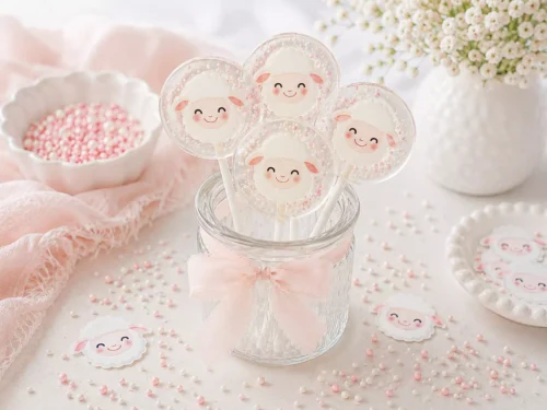 Piruletas personalizadas Oveja bebé de isomalt en tarro de cristal con lazo rosa, rodeadas de sprinkles y flores para baby shower