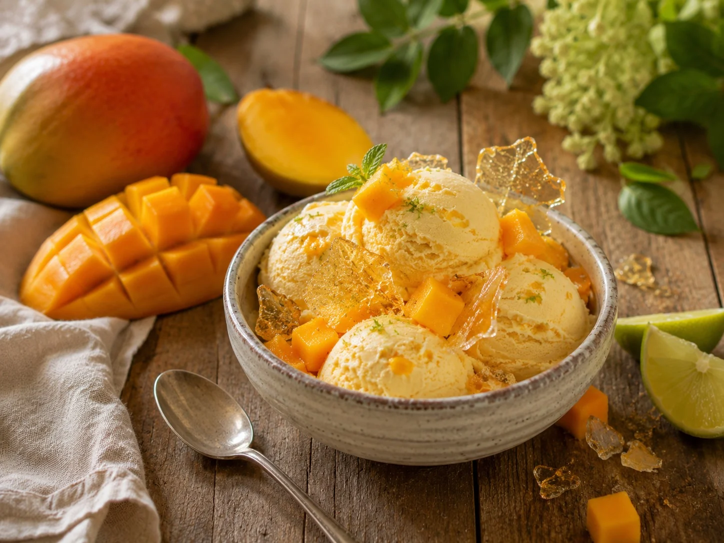Helado cremoso de mango con isomalt