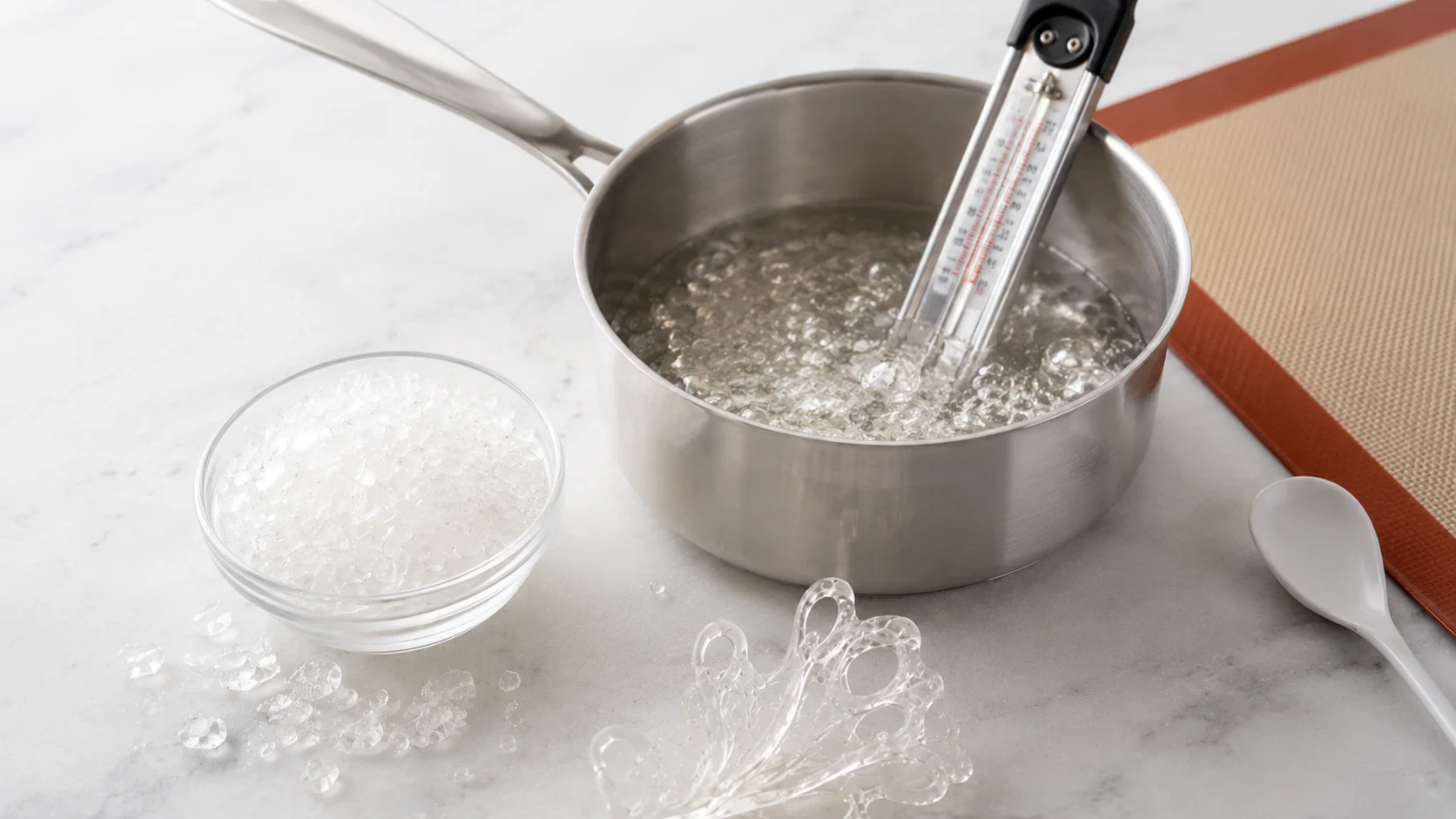 Isomalt fundido en cazo con termómetro de azúcar