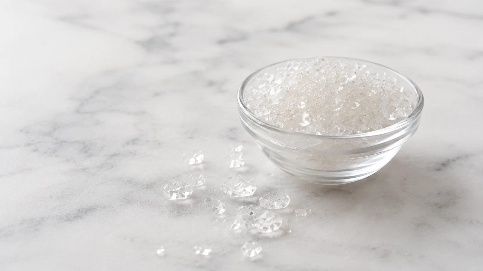 Bol de cristal con gránulos de isomalt transparente