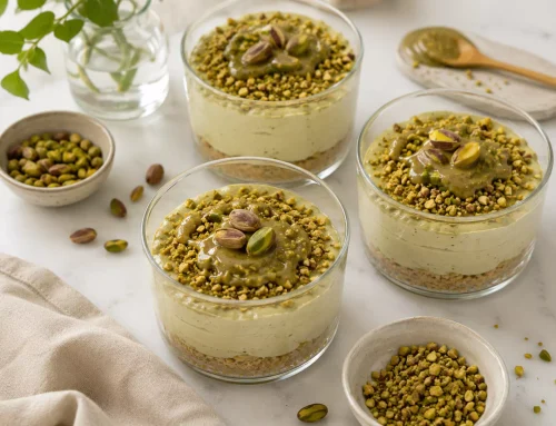 Cheesecake de pistacho en vasito sin azúcares añadidos con isomalt