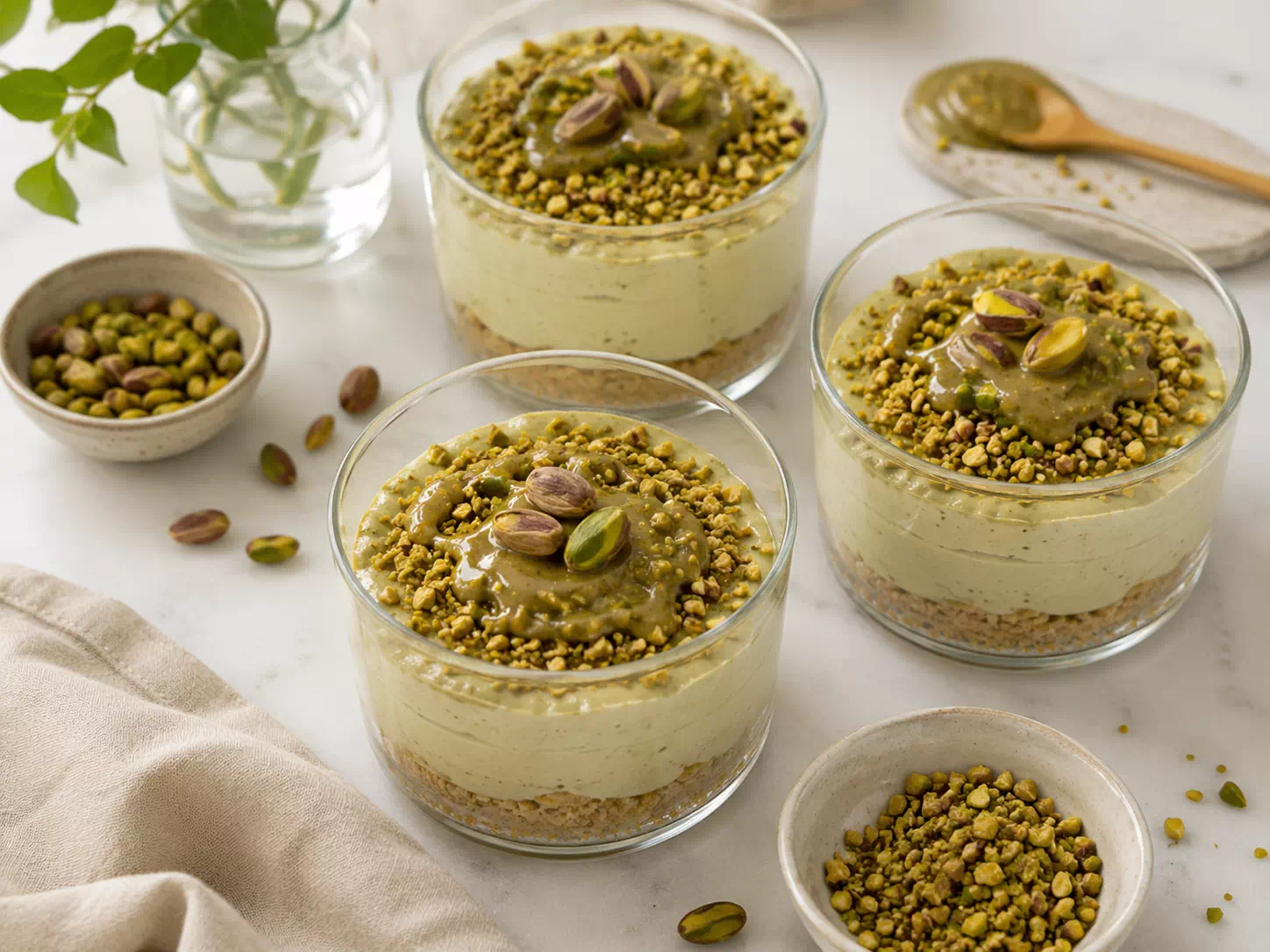 Cheesecake de pistacho en vasito sin azúcares añadidos con isomalt