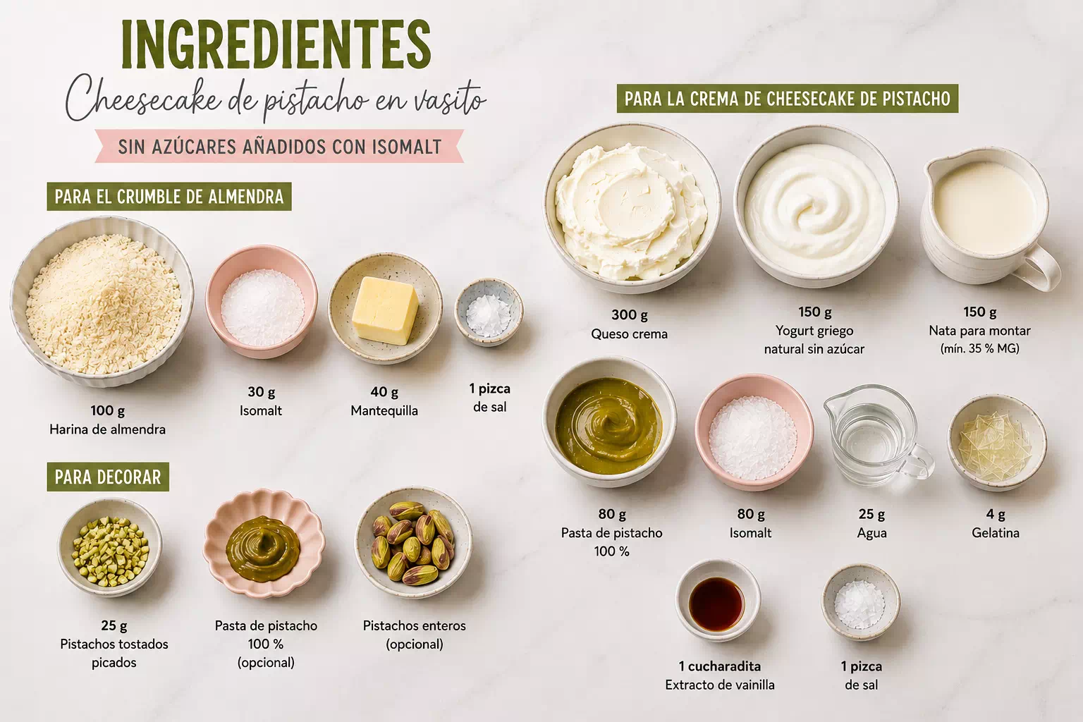 Ingredientes del cheesecake de pistacho con isomalt