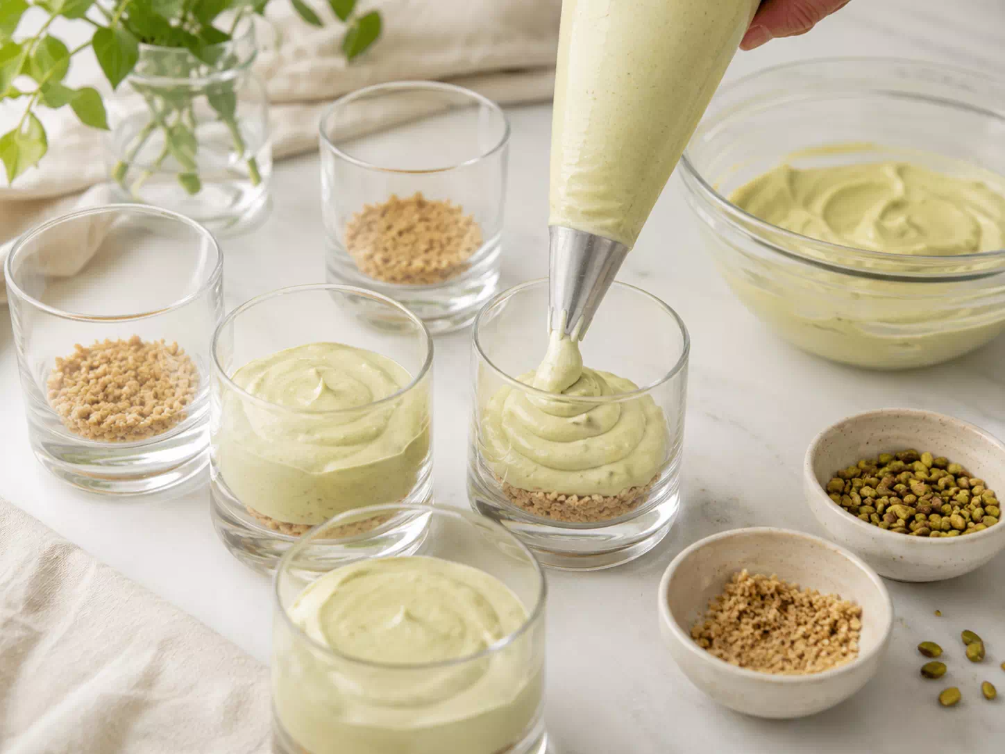 Montaje de los vasitos de cheesecake de pistacho