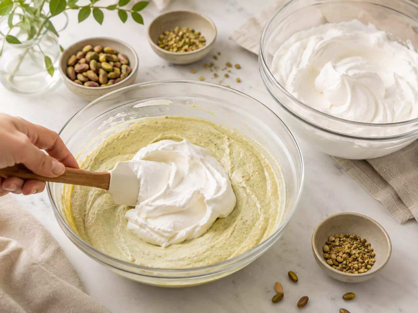 Incorporando la nata montada a la crema de pistacho
