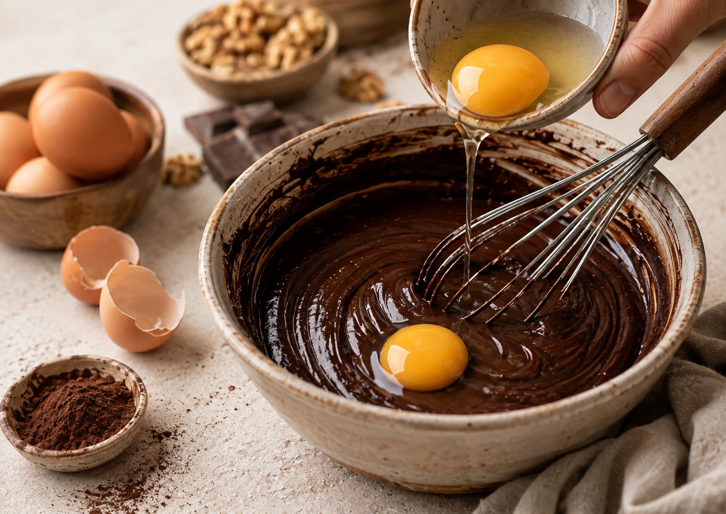 Añadiendo los huevos a la mezcla de chocolate con isomalt Añadiendo los huevos a la mezcla de chocolate con isomalt
