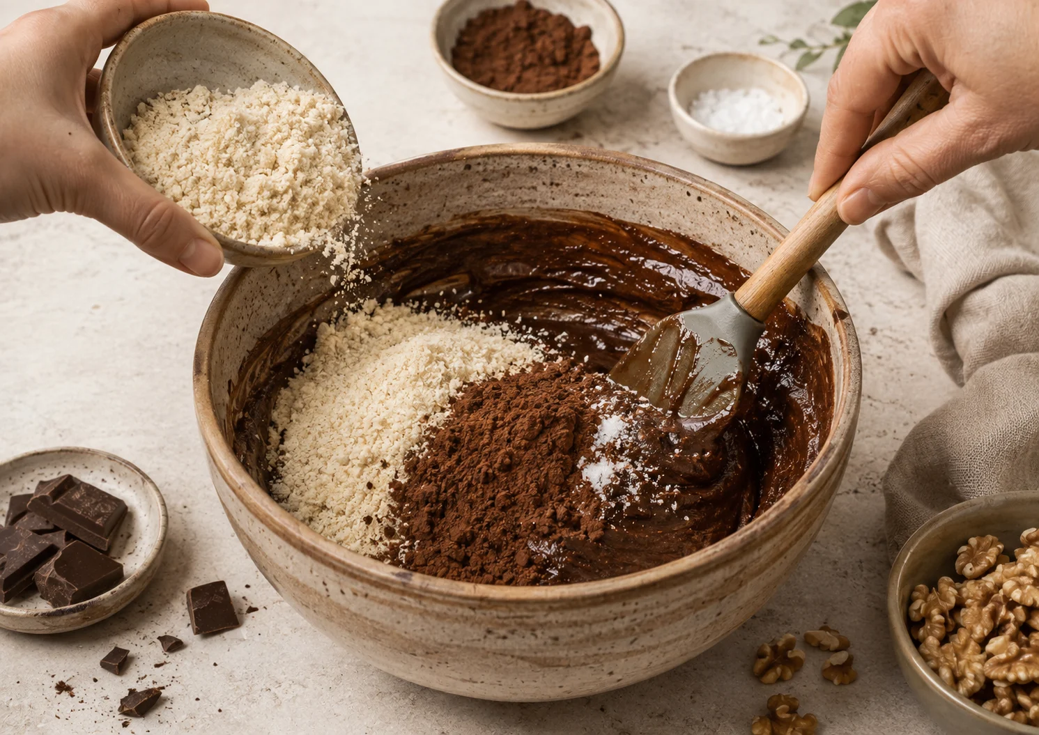 Añadiendo harina de almendra y cacao a la masa del brownie Añadiendo harina de almendra y cacao a la masa del brownie