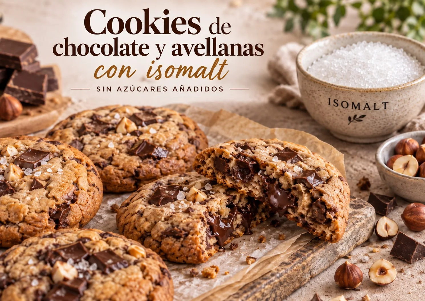 Cookies de chocolate y avellanas sin azúcares añadidos con isomalt