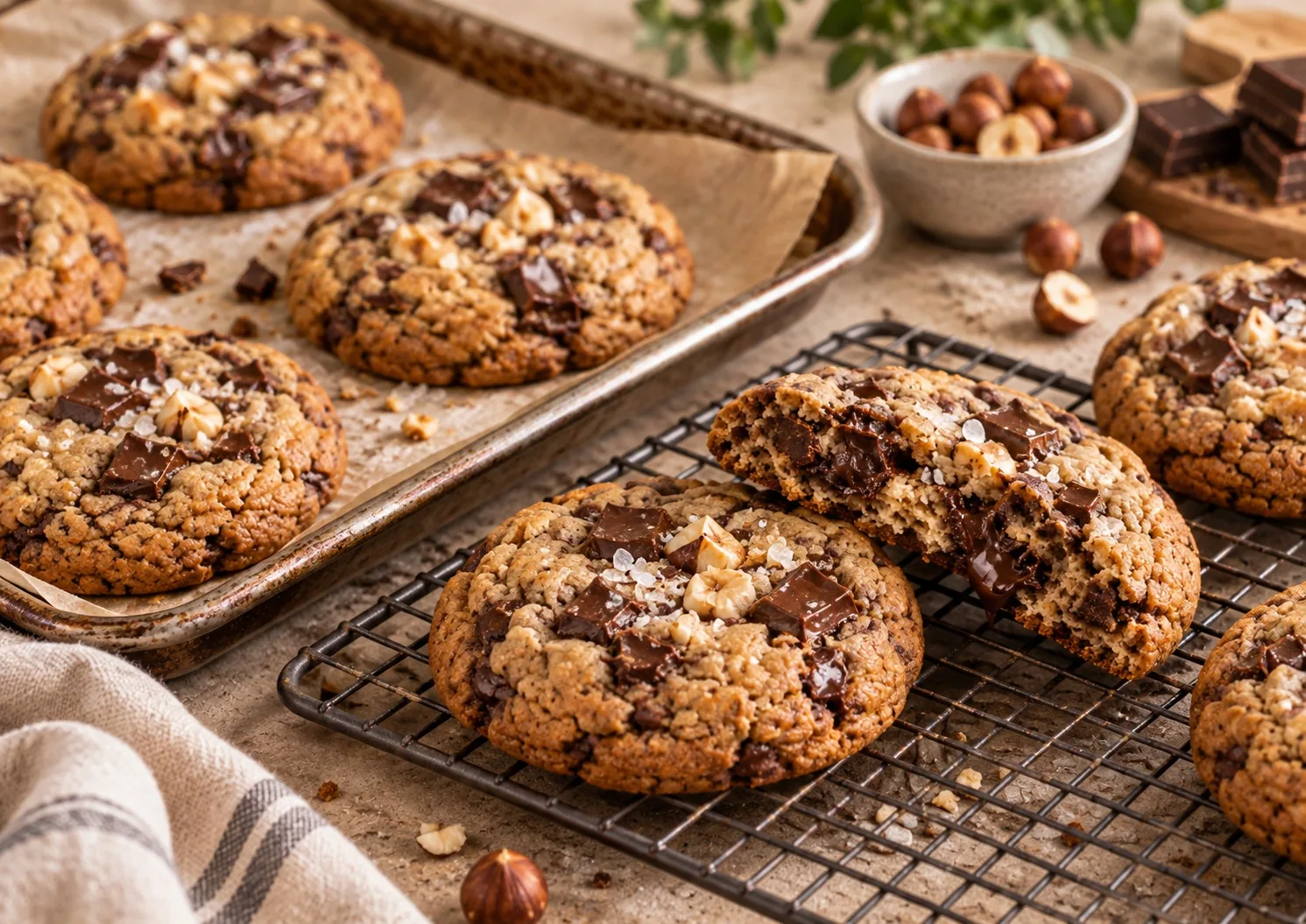 Cookies de chocolate y avellanas con isomalt recién horneadas enfriando en rejilla