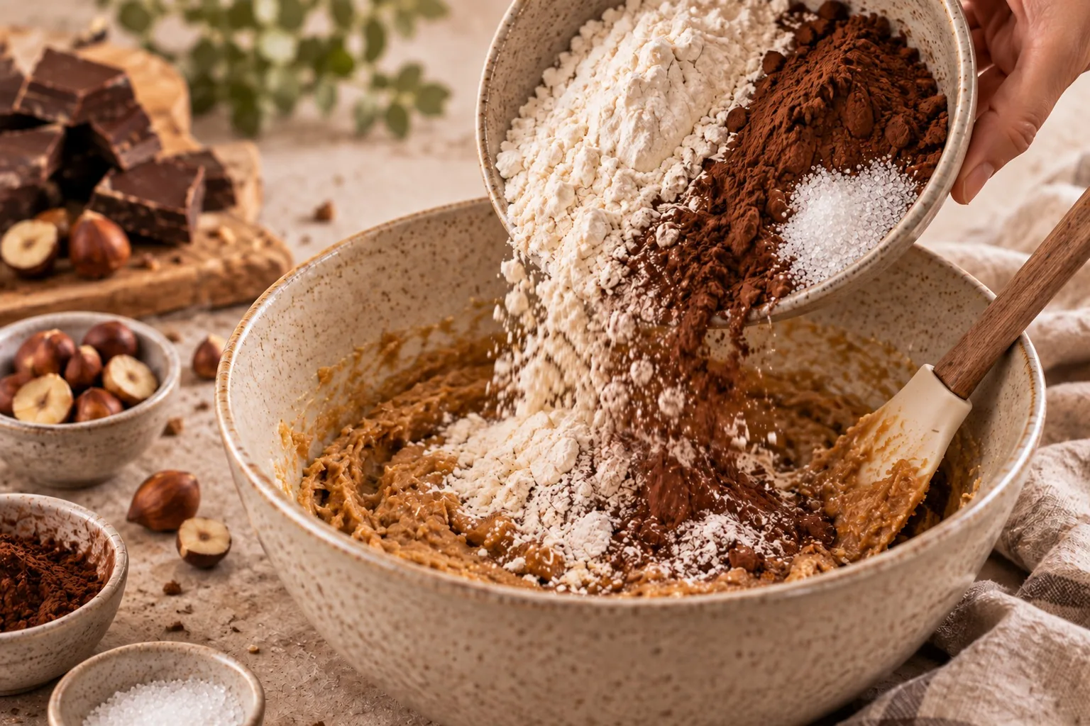 Incorporando harina, cacao y bicarbonato a la masa de cookies