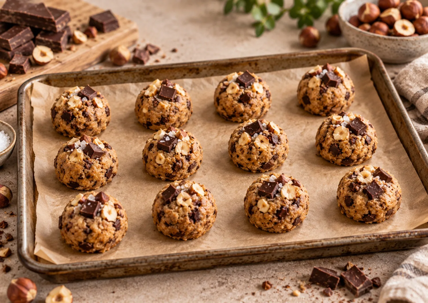 Bolas de masa de cookies colocadas en la bandeja de horno