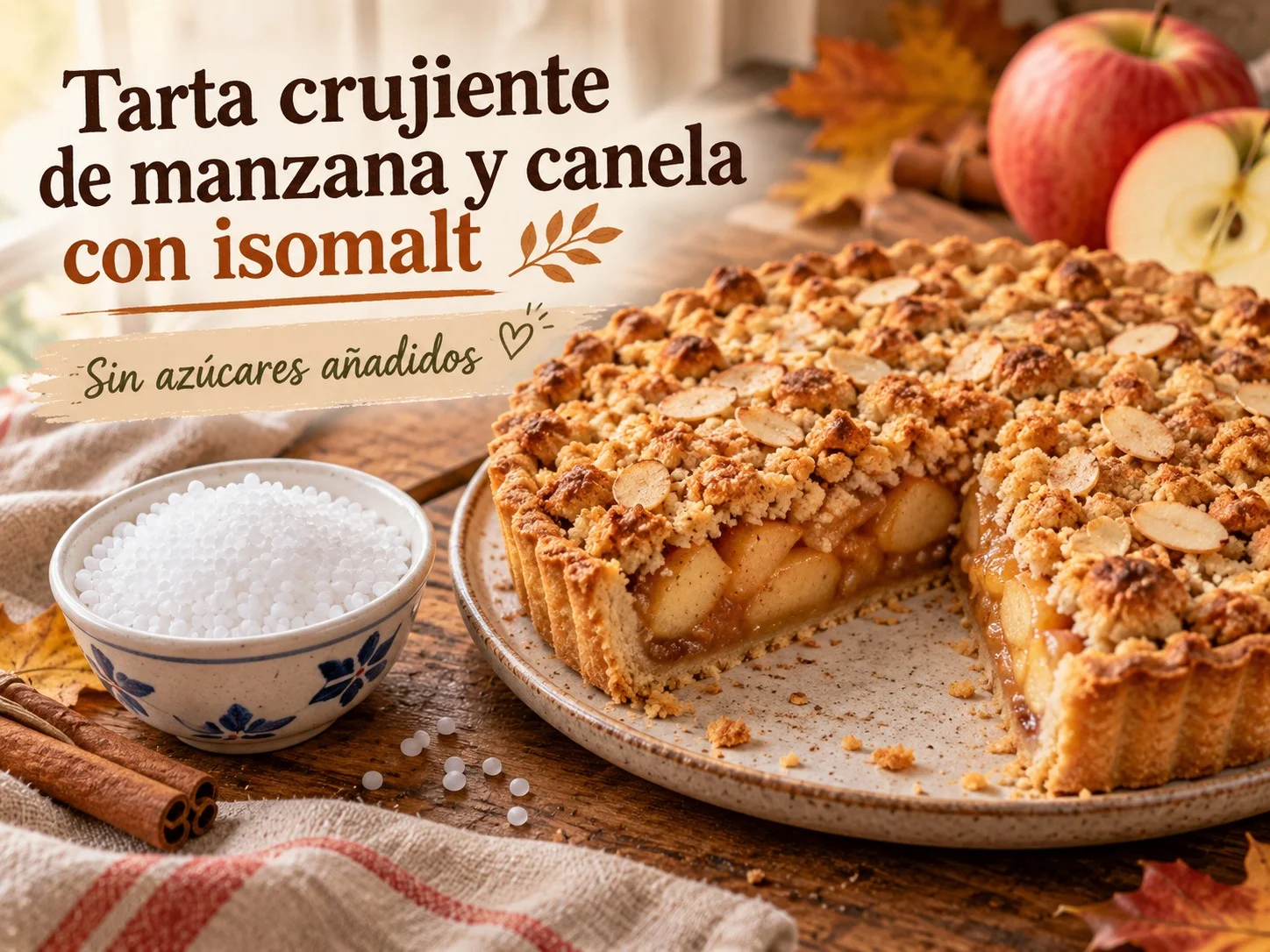 Tarta crujiente de manzana y canela con isomalt y crumble de almendra