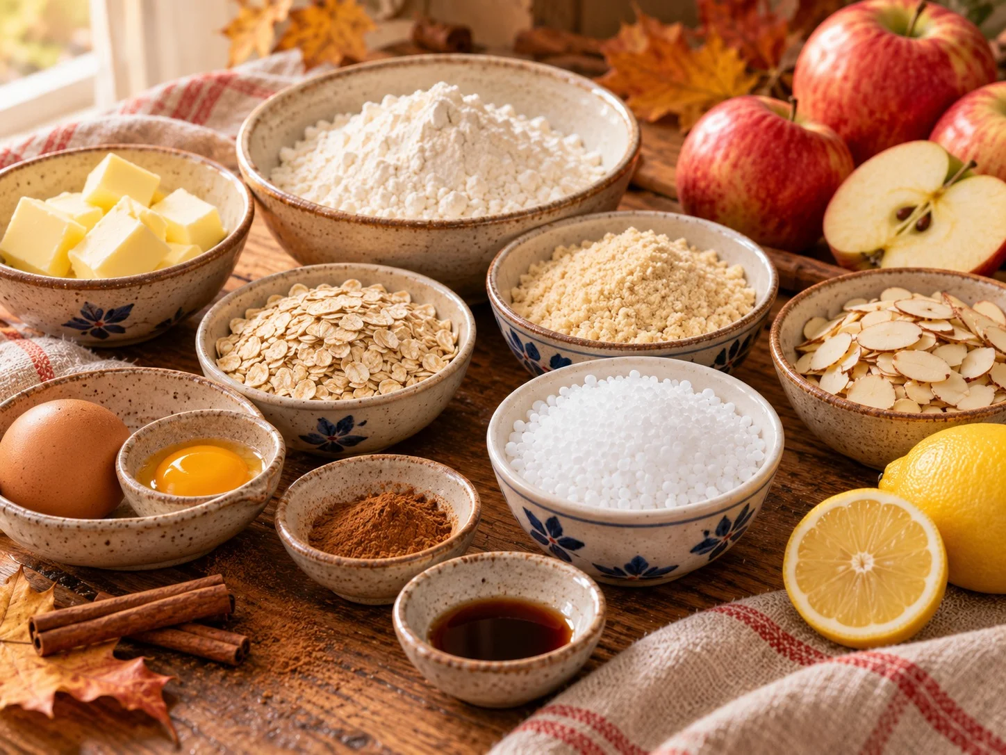 Ingredientes de la tarta de manzana y canela con isomalt: harina, mantequilla, isomalt, avena, almendra, huevo, canela, vainilla y limón