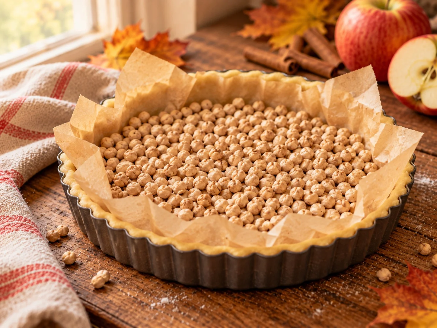 Base de tarta con papel de horno y garbanzos como peso para la precocción