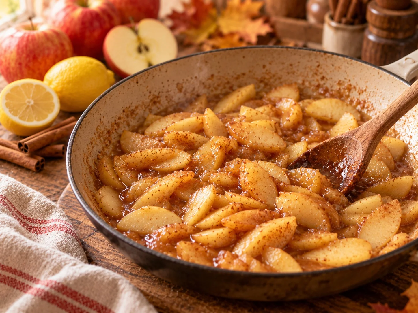 Manzanas salteadas con mantequilla, isomalt y canela en sartén