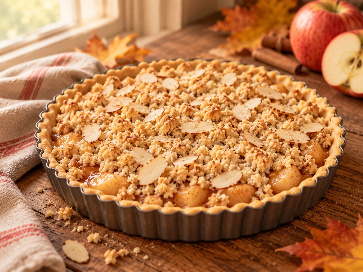 Tarta montada con relleno de manzana y crumble de almendra antes de hornear